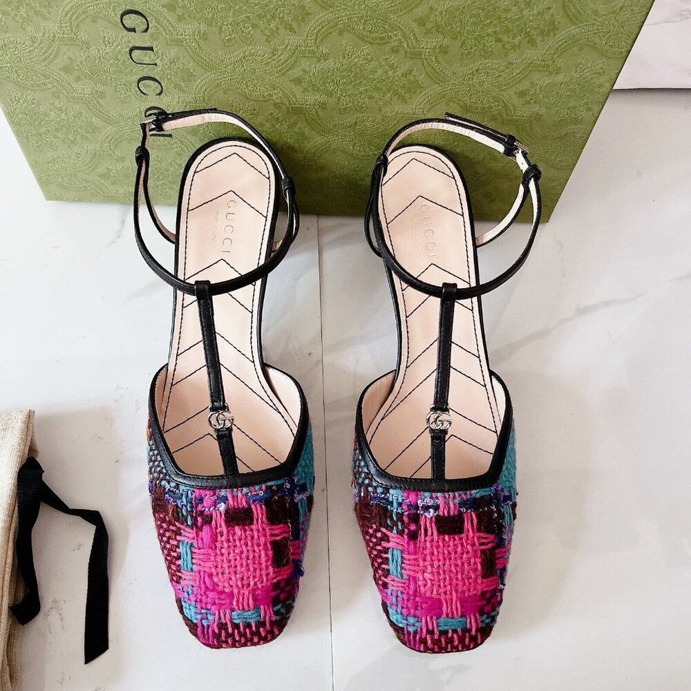 Gucci Marmont 55mm Tweed T-strap Pumps Pink/ Blue/ Black Size EU 39 - Picture 3 of 13